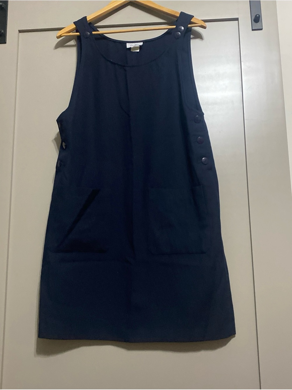 Vtg 90’s Christy Girl Navy Sleeveless Pinafore Midi Dress with Front Pockets